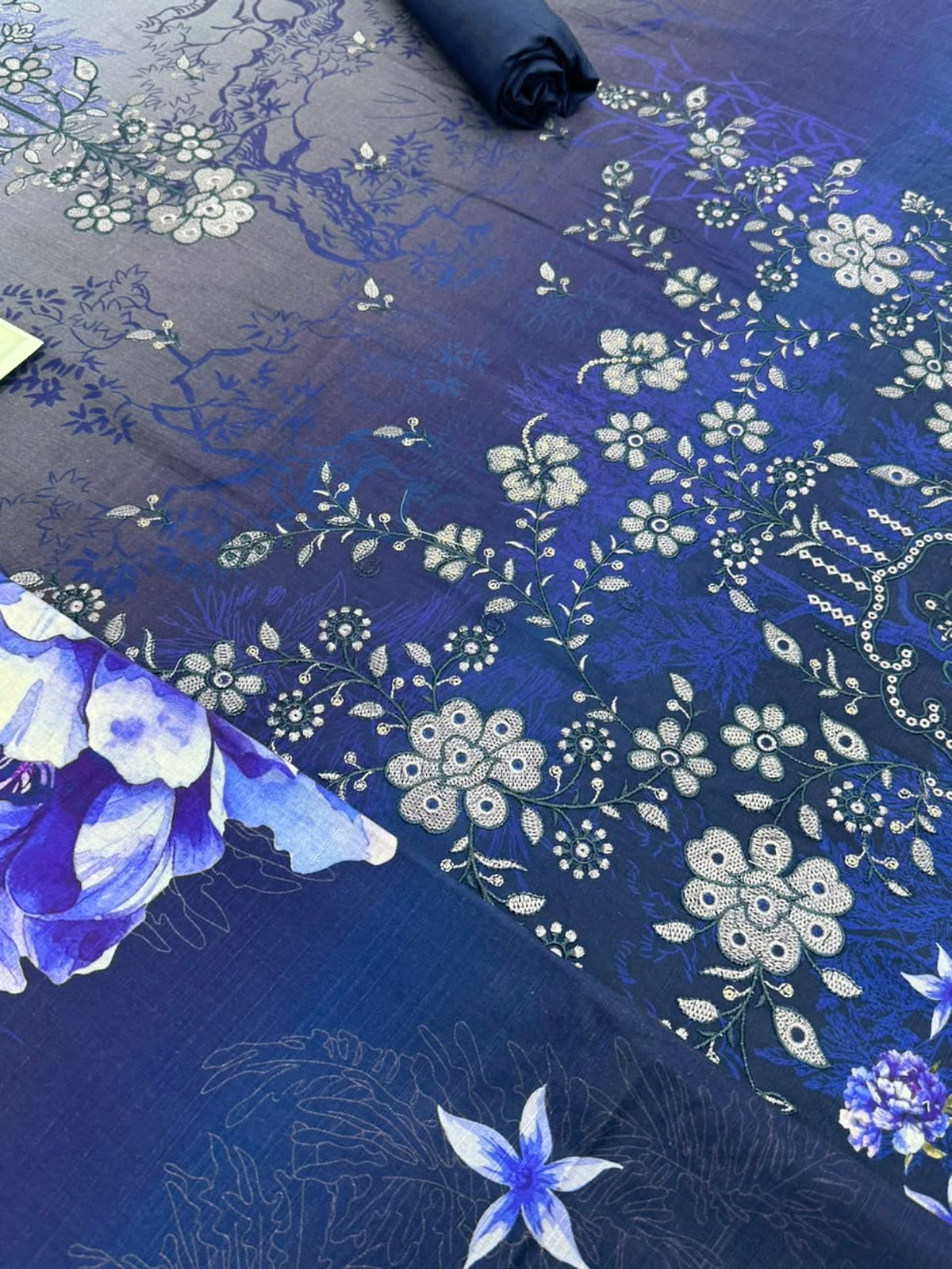 Premium Slub Linen Embroidered 3 Piece Suit with Chikankari Neckline & Daman - 001 - View 4