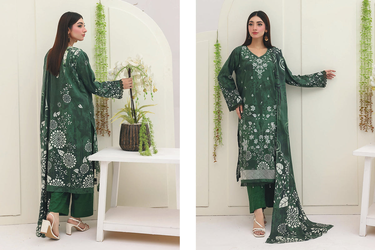 Premium Slub Linen Embroidered 3 Piece Suit with Chikankari Neckline & Daman - 001 - View 2