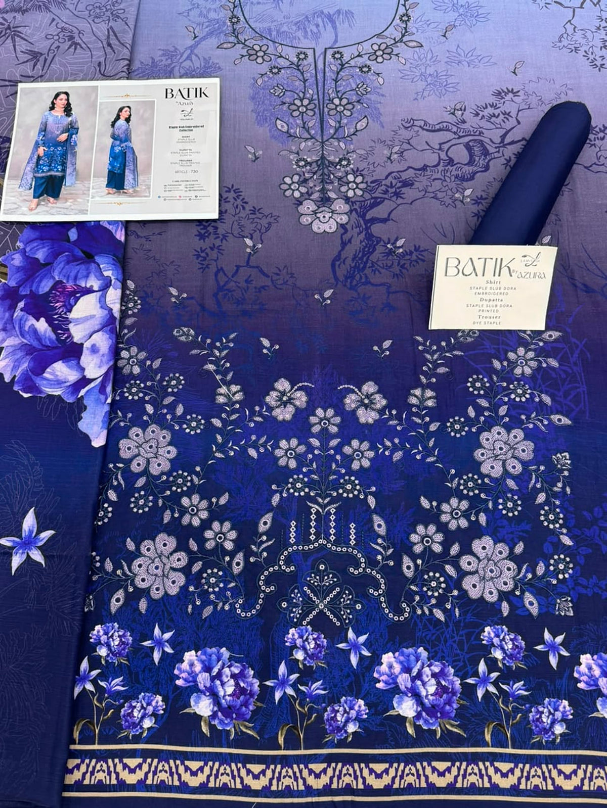 Premium Slub Linen Embroidered 3 Piece Suit with Chikankari Neckline & Daman - 001 - View 2