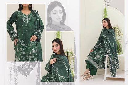 Premium Slub Linen Embroidered 3 Piece Suit with Chikankari Neckline & Daman - 001 - View 3