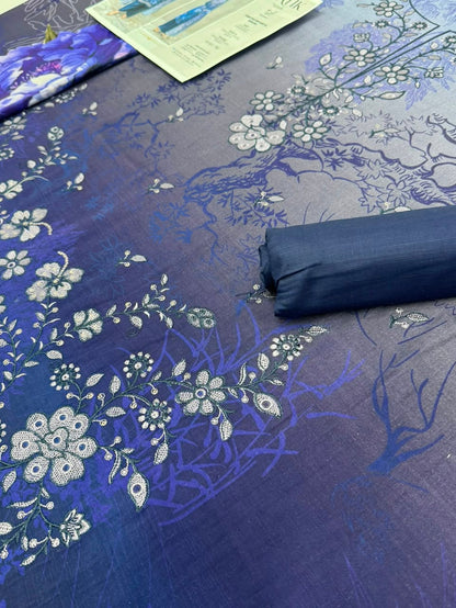 Premium Slub Linen Embroidered 3 Piece Suit with Chikankari Neckline & Daman - 001 - View 3