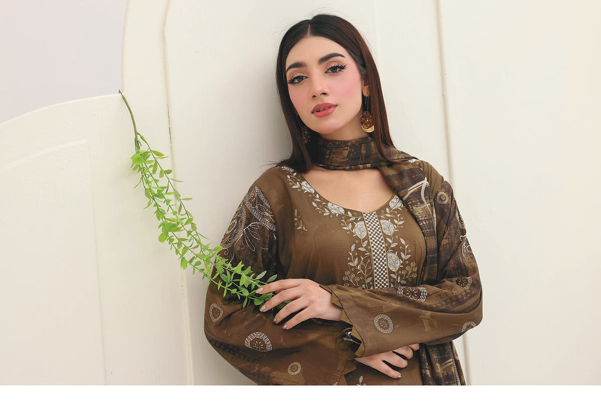 Premium Slub Linen Embroidered 3 Piece Suit with Chikankari Neckline & Daman - 002 - View 1