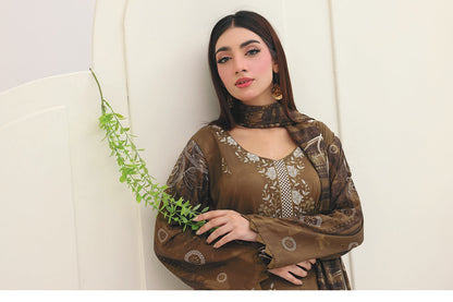 Premium Slub Linen Embroidered 3 Piece Suit with Chikankari Neckline & Daman - 002 - View 1
