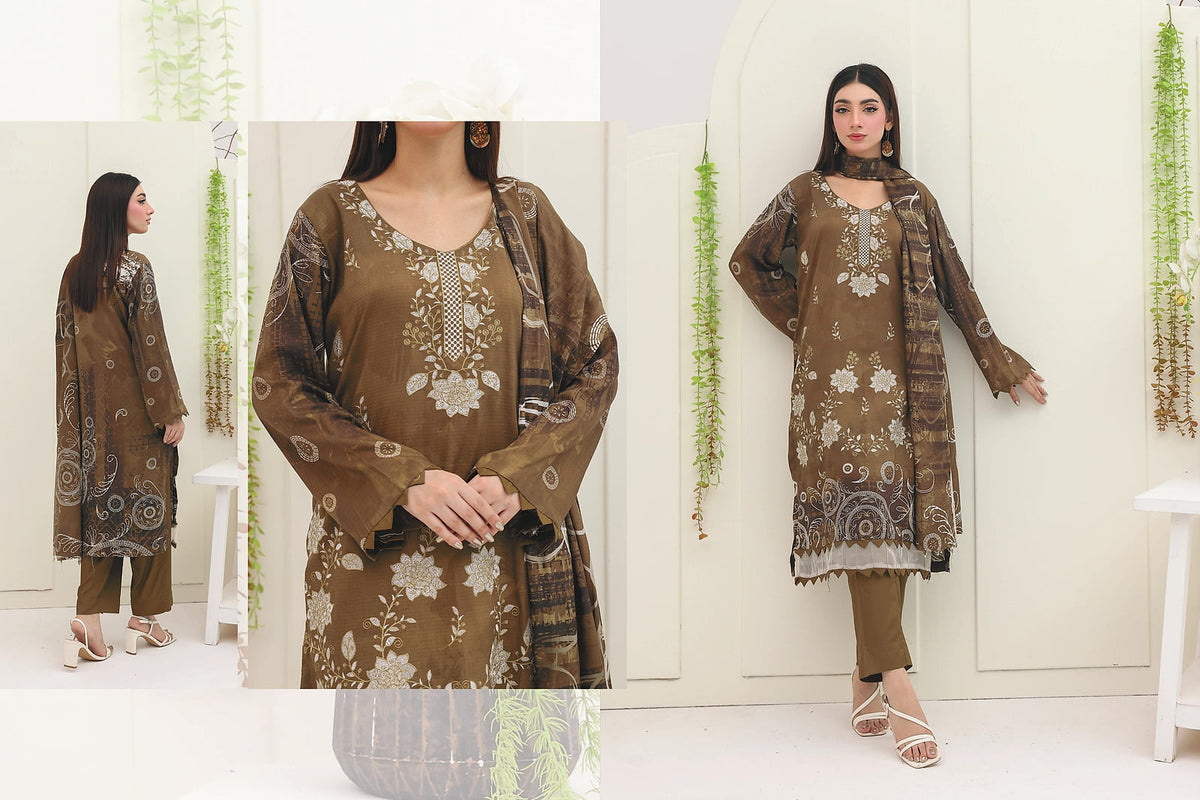 Premium Slub Linen Embroidered 3 Piece Suit with Chikankari Neckline & Daman - 002 - View 2