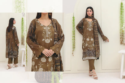 Premium Slub Linen Embroidered 3 Piece Suit with Chikankari Neckline & Daman - 002 - View 2