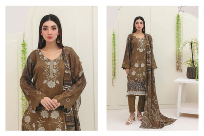 Premium Slub Linen Embroidered 3 Piece Suit with Chikankari Neckline & Daman - 002 - View 3