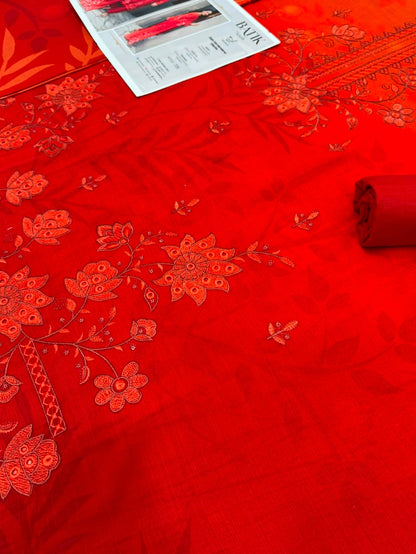 Premium Slub Linen Embroidered 3 Piece Suit with Chikankari Neckline & Daman - 002 - View 3