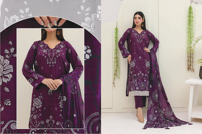 Premium Slub Linen Embroidered 3 Piece Suit with Chikankari Neckline & Daman - 003 - View 1