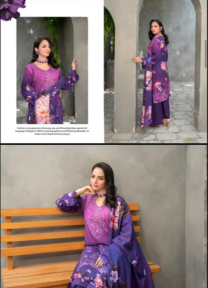 Premium Slub Linen Embroidered 3 Piece Suit with Chikankari Neckline & Daman - 003 - View 1