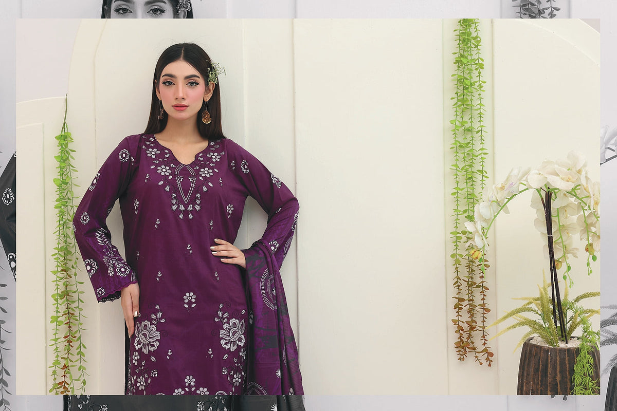 Premium Slub Linen Embroidered 3 Piece Suit with Chikankari Neckline & Daman - 003 - View 2