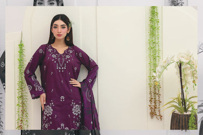 Premium Slub Linen Embroidered 3 Piece Suit with Chikankari Neckline & Daman - 003 - View 2