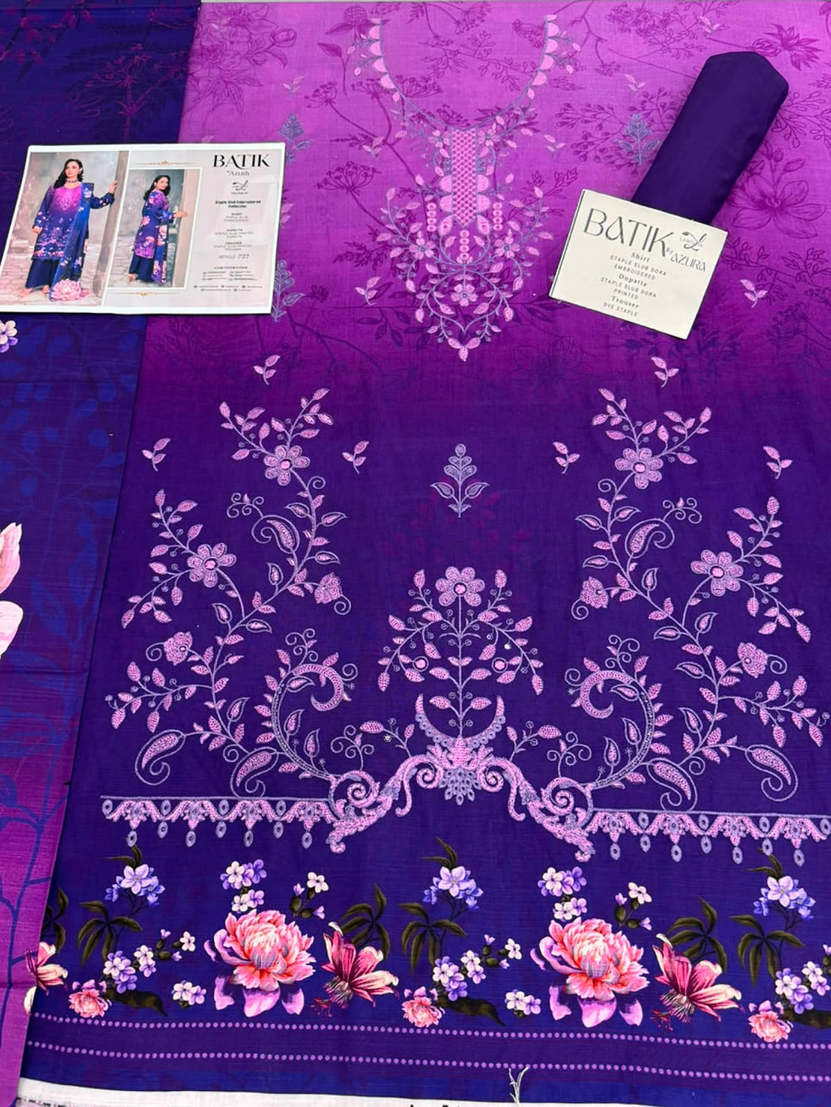 Premium Slub Linen Embroidered 3 Piece Suit with Chikankari Neckline & Daman - 003 - View 2