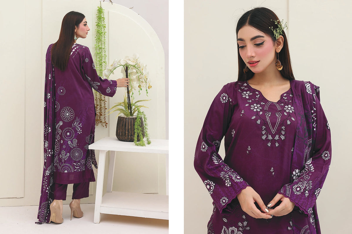 Premium Slub Linen Embroidered 3 Piece Suit with Chikankari Neckline & Daman - 003 - View 3