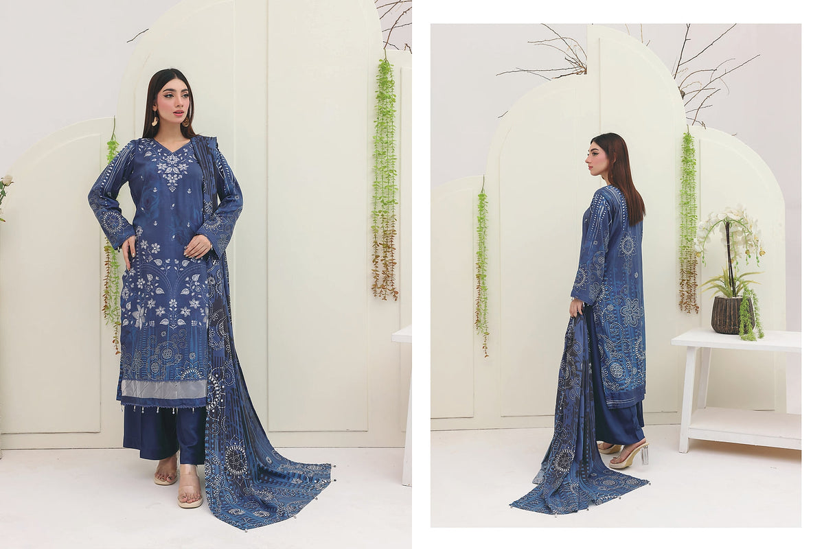 Premium Slub Linen Embroidered 3 Piece Suit with Chikankari Neckline & Daman - 004 - View 1