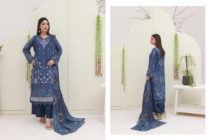 Premium Slub Linen Embroidered 3 Piece Suit with Chikankari Neckline & Daman - 004 - View 1