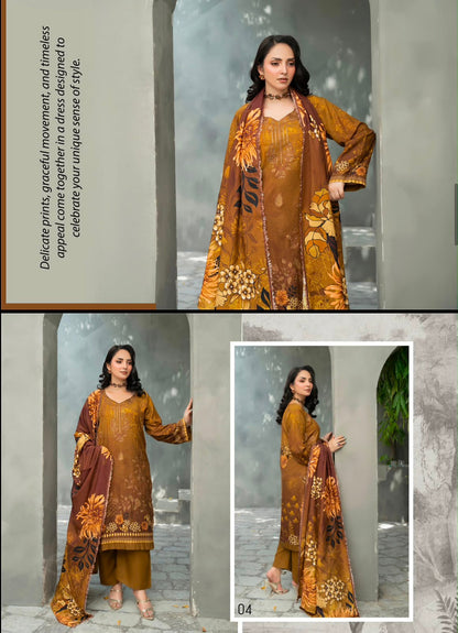 Premium Slub Linen Embroidered 3 Piece Suit with Chikankari Neckline & Daman - 004 - View 1