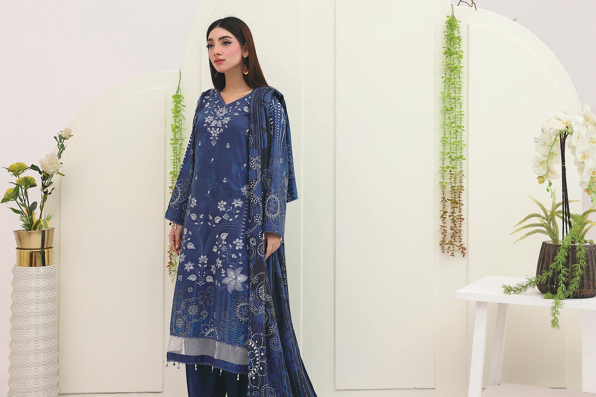Premium Slub Linen Embroidered 3 Piece Suit with Chikankari Neckline & Daman - 004 - View 2