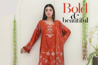 Premium Slub Linen Embroidered 3 Piece Suit with Chikankari Neckline & Daman - 005 - View 1