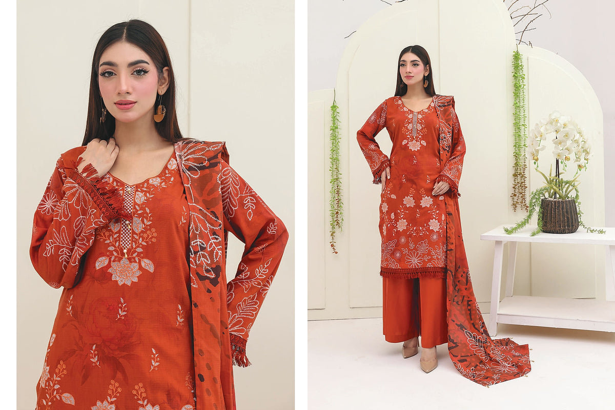 Premium Slub Linen Embroidered 3 Piece Suit with Chikankari Neckline & Daman - 005 - View 2