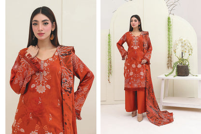 Premium Slub Linen Embroidered 3 Piece Suit with Chikankari Neckline & Daman - 005 - View 2