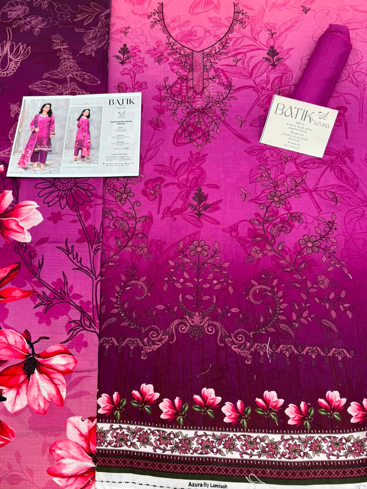 Premium Slub Linen Embroidered 3 Piece Suit with Chikankari Neckline & Daman - 005 - View 2