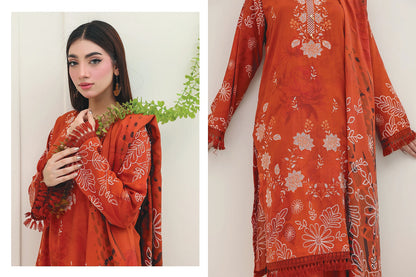 Premium Slub Linen Embroidered 3 Piece Suit with Chikankari Neckline & Daman - 005 - View 3