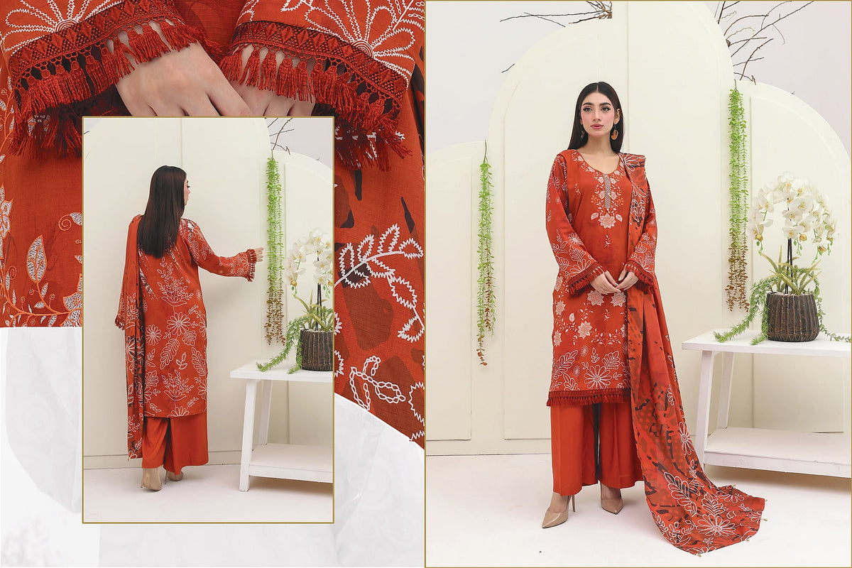Premium Slub Linen Embroidered 3 Piece Suit with Chikankari Neckline & Daman - 005 - View 4