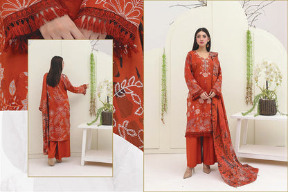 Premium Slub Linen Embroidered 3 Piece Suit with Chikankari Neckline & Daman - 005 - View 4