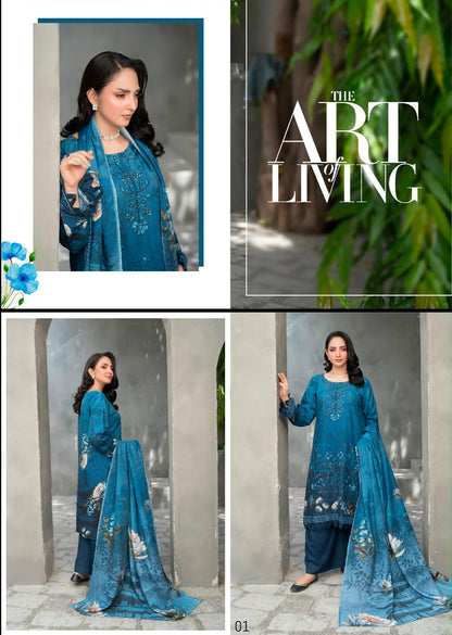 Premium Slub Linen Embroidered 3 Piece Suit with Chikankari Neckline & Daman - 006 - View 1