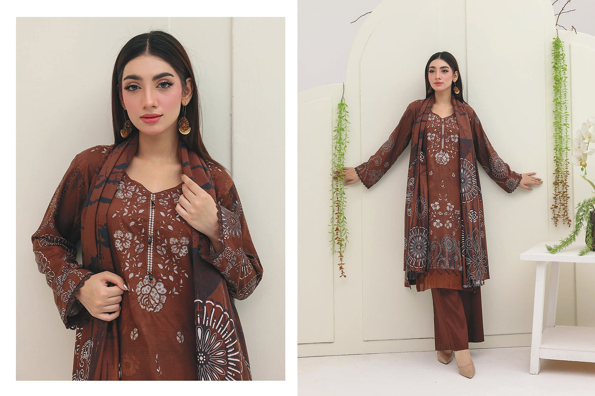 Premium Slub Linen Embroidered 3 Piece Suit with Chikankari Neckline & Daman - 006 - View 2