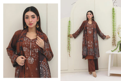 Premium Slub Linen Embroidered 3 Piece Suit with Chikankari Neckline & Daman - 006 - View 2