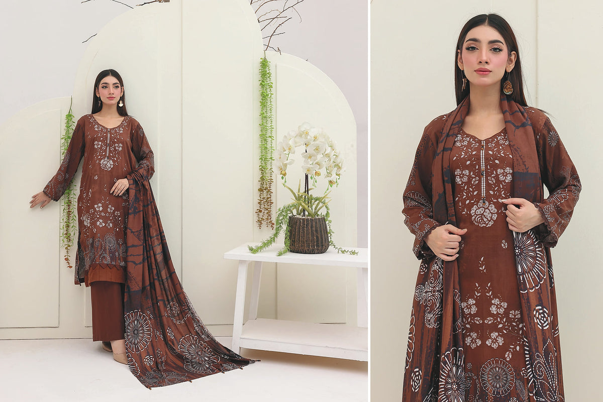 Premium Slub Linen Embroidered 3 Piece Suit with Chikankari Neckline & Daman - 006 - View 3