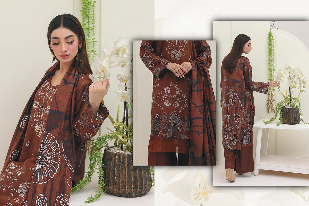 Premium Slub Linen Embroidered 3 Piece Suit with Chikankari Neckline & Daman - 006 - View 4