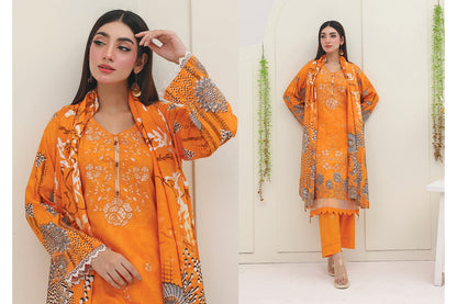 Premium Slub Linen Embroidered 3 Piece Suit with Chikankari Neckline & Daman - 007 - View 1