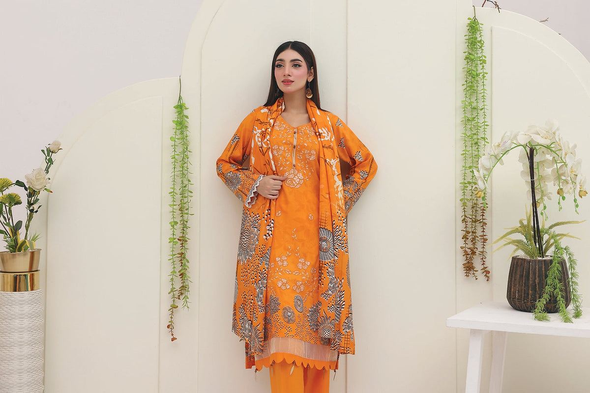 Premium Slub Linen Embroidered 3 Piece Suit with Chikankari Neckline & Daman - 007 - View 2