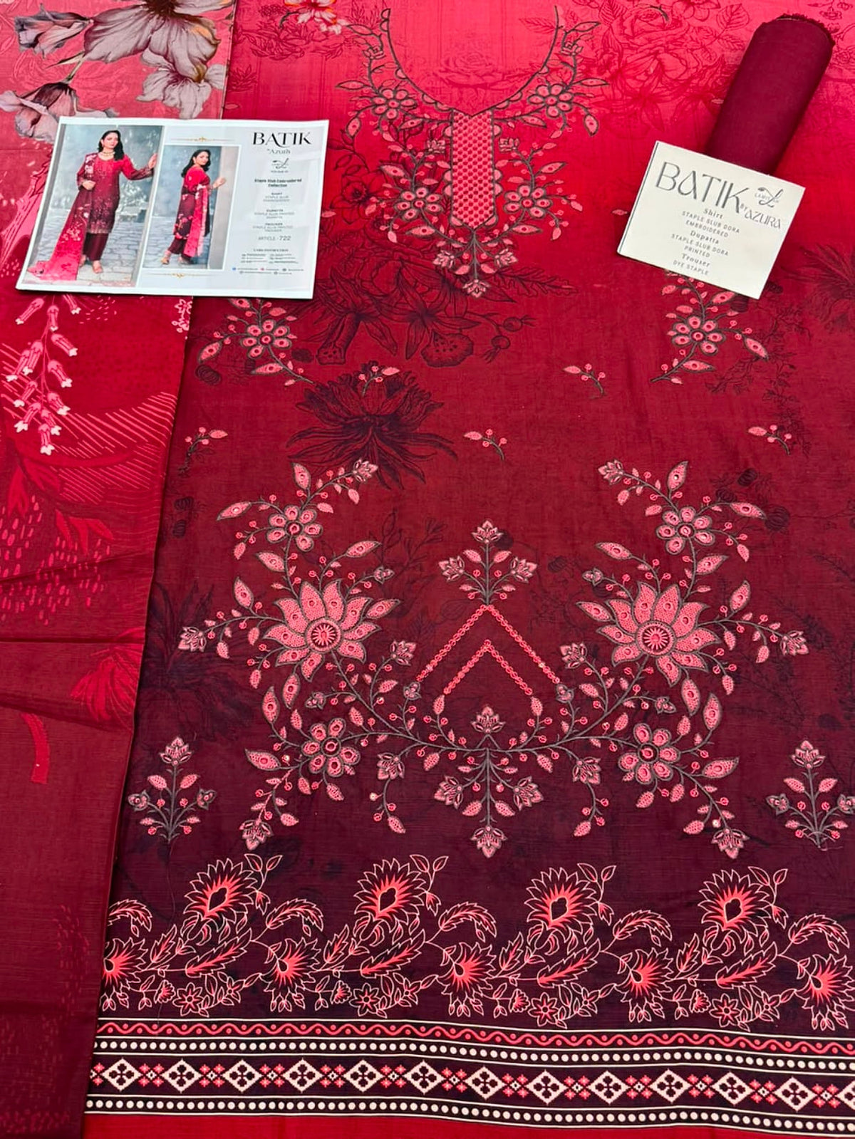 Premium Slub Linen Embroidered 3 Piece Suit with Chikankari Neckline & Daman - 007 - View 2