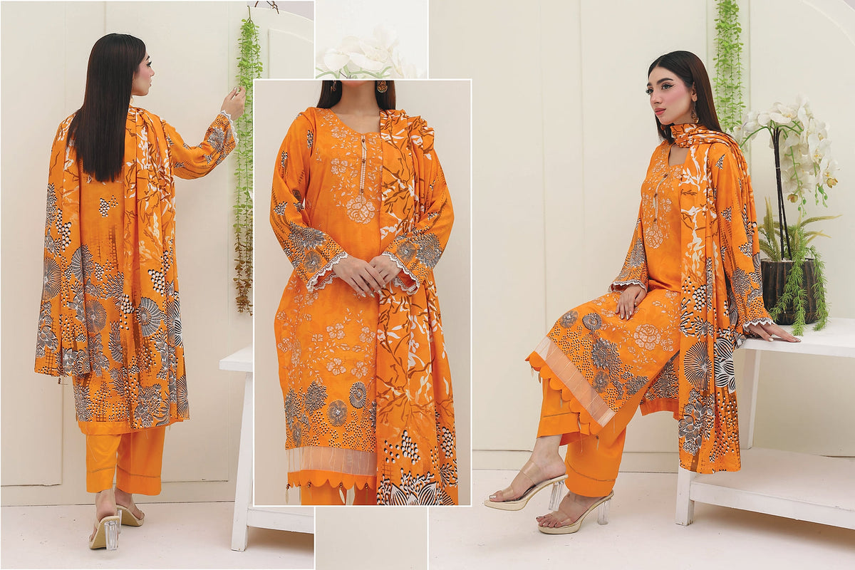 Premium Slub Linen Embroidered 3 Piece Suit with Chikankari Neckline & Daman - 007 - View 3