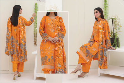 Premium Slub Linen Embroidered 3 Piece Suit with Chikankari Neckline & Daman - 007 - View 3