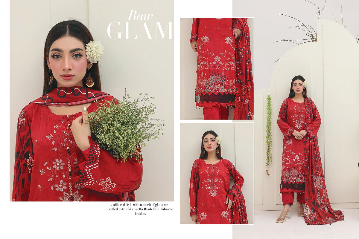 Premium Slub Linen Embroidered 3 Piece Suit with Chikankari Neckline & Daman - 008 - View 1