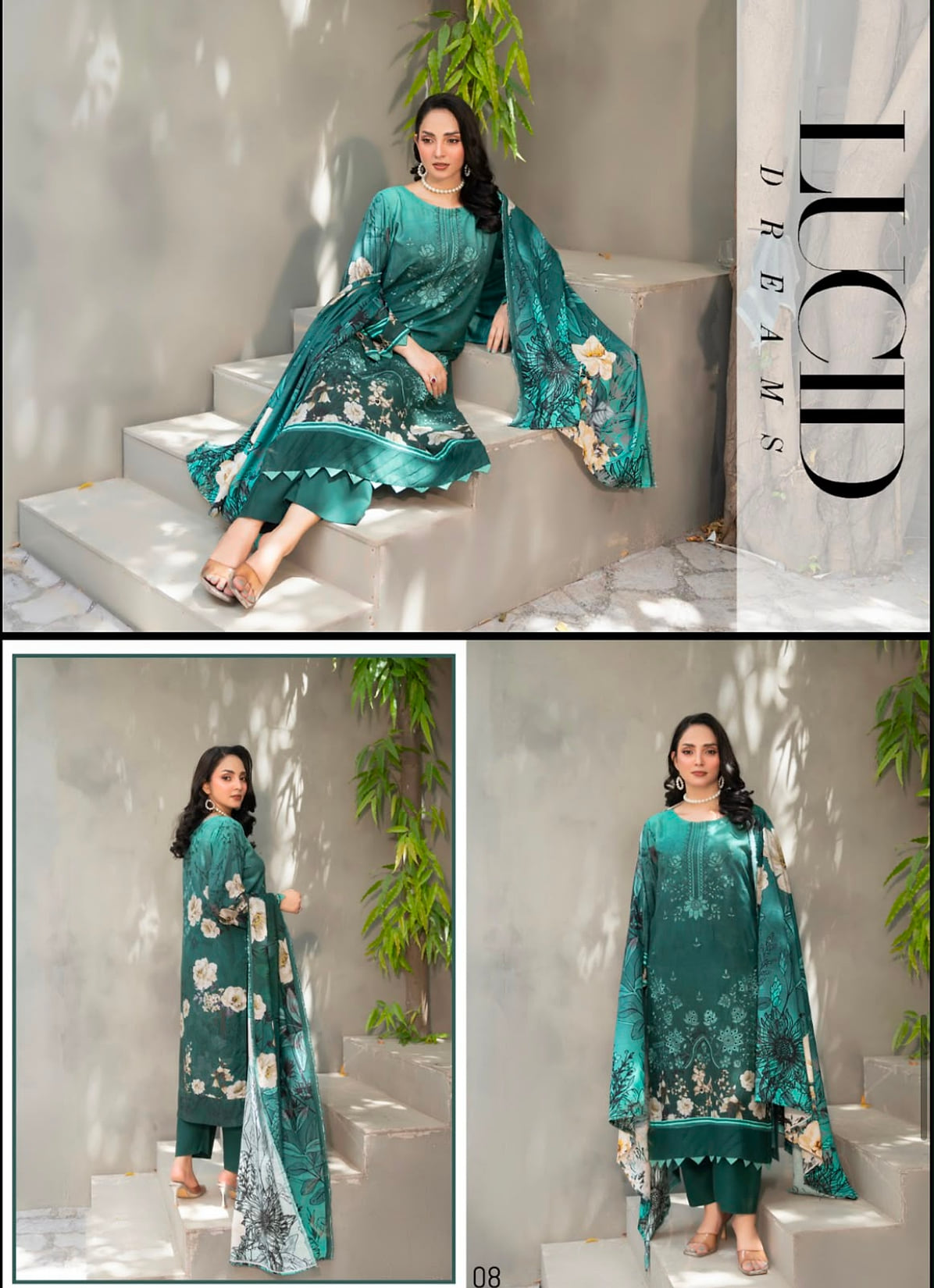 Premium Slub Linen Embroidered 3 Piece Suit with Chikankari Neckline & Daman - 008 - View 1