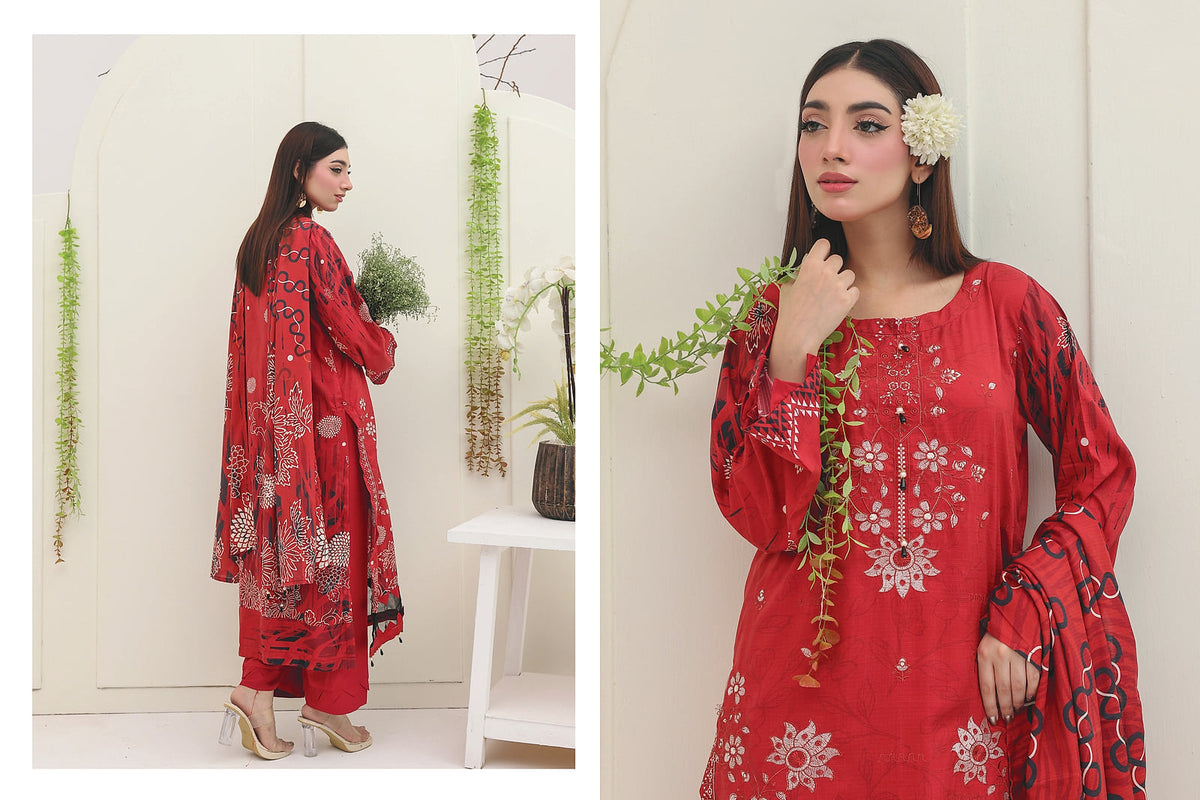 Premium Slub Linen Embroidered 3 Piece Suit with Chikankari Neckline & Daman - 008 - View 2