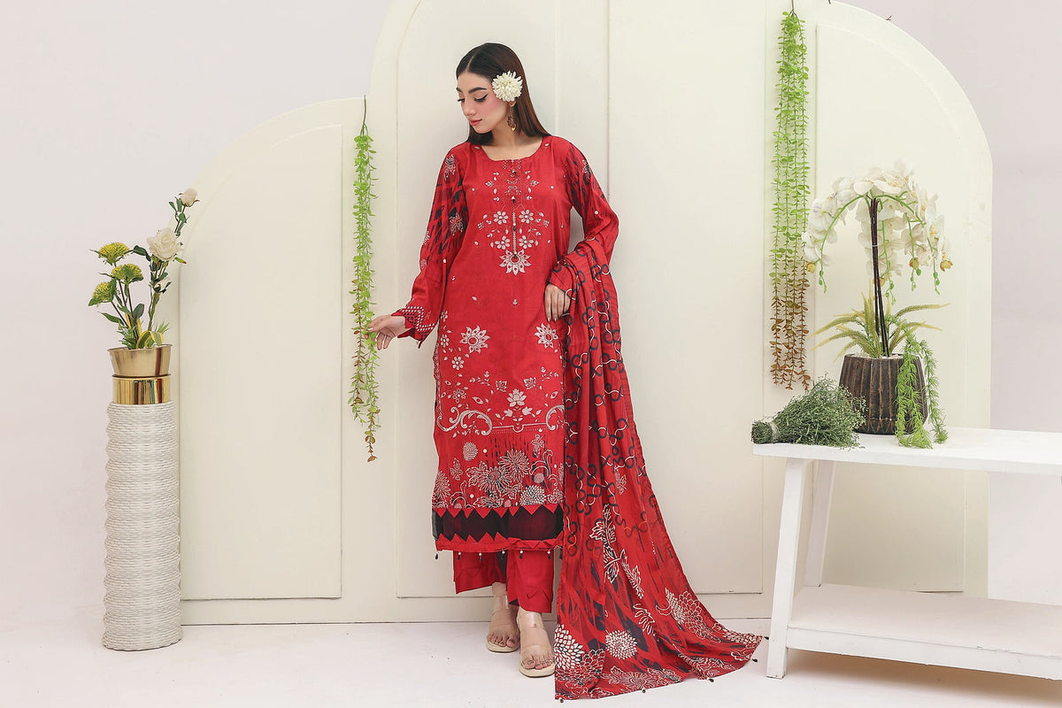 Premium Slub Linen Embroidered 3 Piece Suit with Chikankari Neckline & Daman - 008 - View 3