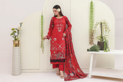 Premium Slub Linen Embroidered 3 Piece Suit with Chikankari Neckline & Daman - 008 - View 3