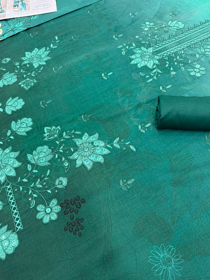 Premium Slub Linen Embroidered 3 Piece Suit with Chikankari Neckline & Daman - 008 - View 3
