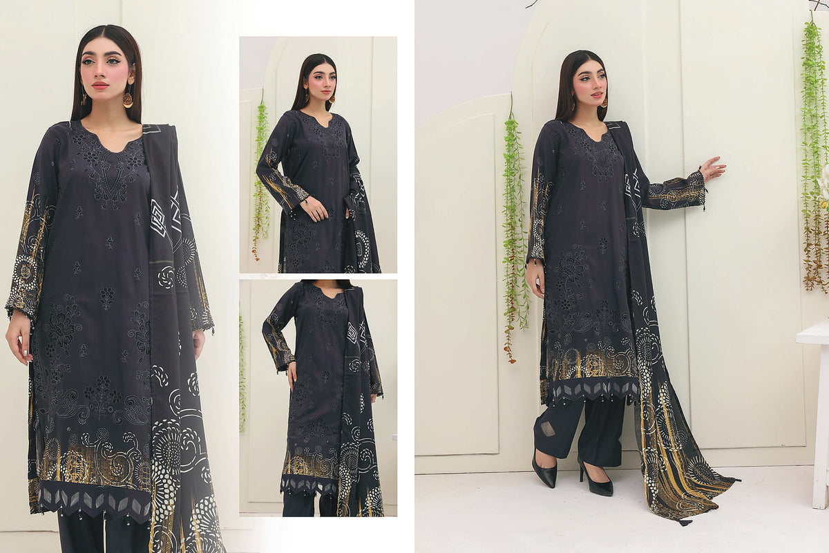 Premium Slub Linen Embroidered 3 Piece Suit with Chikankari Neckline & Daman - 009 - View 1