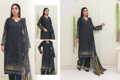 Premium Slub Linen Embroidered 3 Piece Suit with Chikankari Neckline & Daman - 009 - View 1