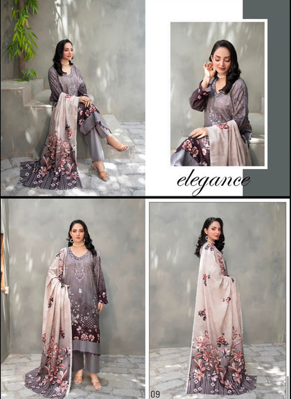 Premium Slub Linen Embroidered 3 Piece Suit with Chikankari Neckline & Daman - 009 - View 1