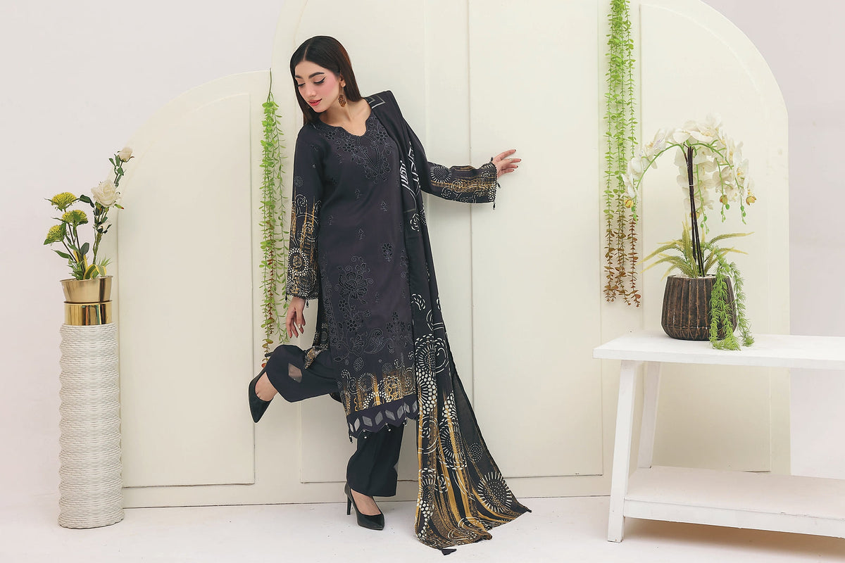 Premium Slub Linen Embroidered 3 Piece Suit with Chikankari Neckline & Daman - 009 - View 2