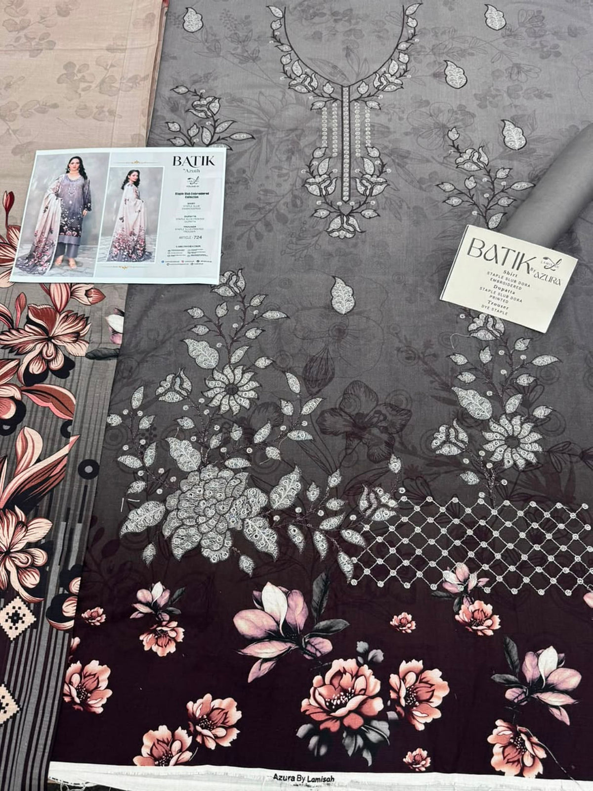 Premium Slub Linen Embroidered 3 Piece Suit with Chikankari Neckline & Daman - 009 - View 2