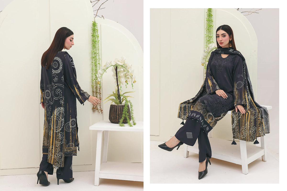 Premium Slub Linen Embroidered 3 Piece Suit with Chikankari Neckline & Daman - 009 - View 3